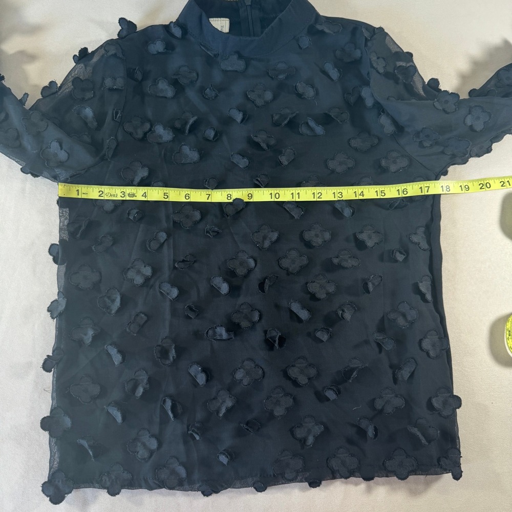I Love Wen Le Black Sheer Mock Neck Blouse 3D Floral Applique Long Sleeve Size S - Picture 2 of 11